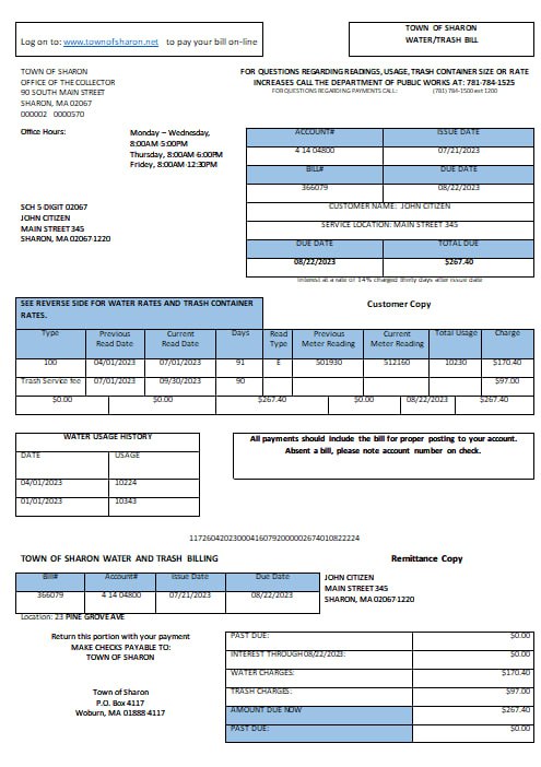 USA Sharon Town of Sharon water trash utility bill Word and PDF formats